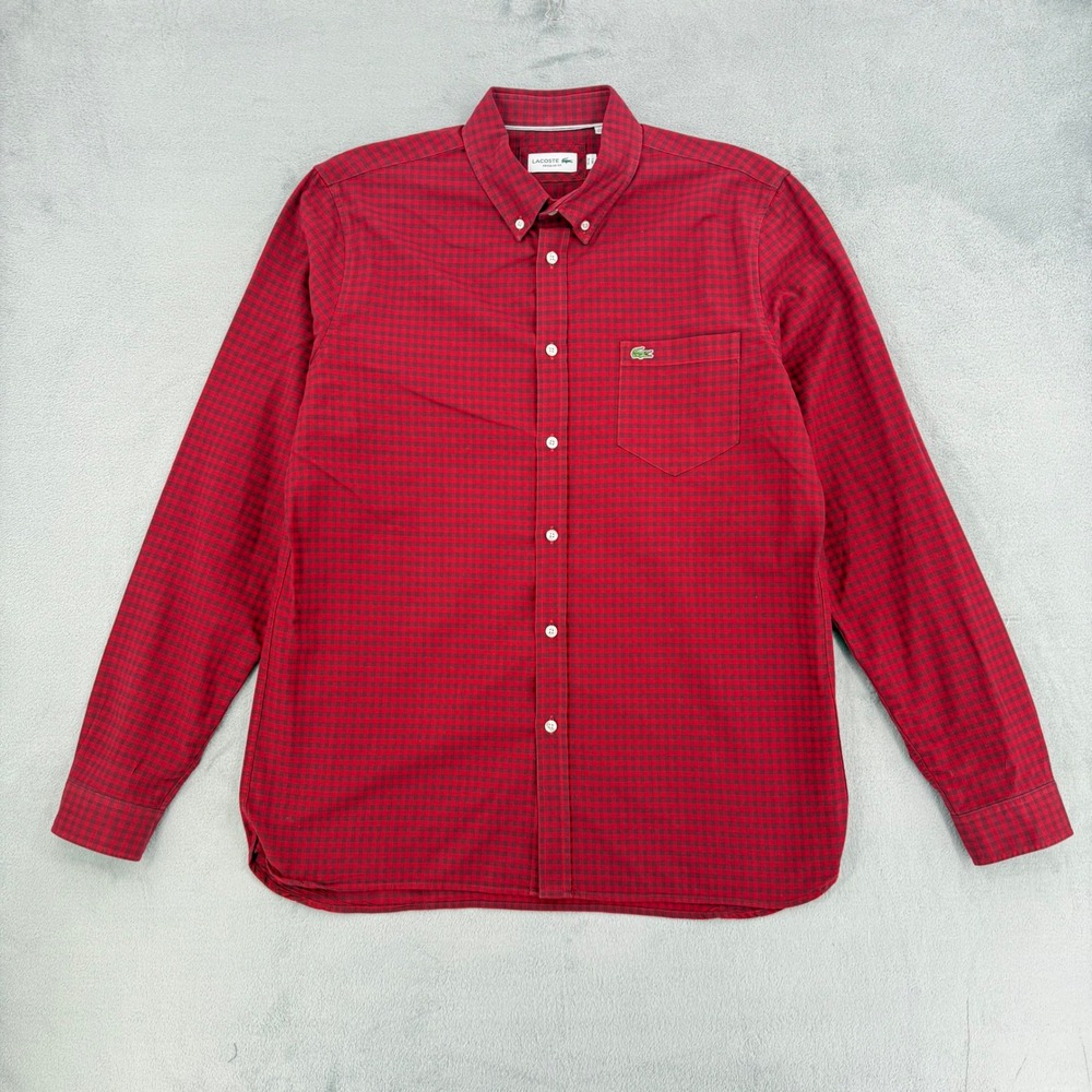 Lacoste Mens Large Regular Fit Gingham Button Down Shirt Red Navy Blue Preppy - Picture 2 of 13